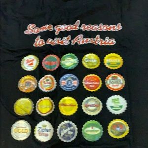 Men’s Austrian beer caps vintage graphic tee, medium.